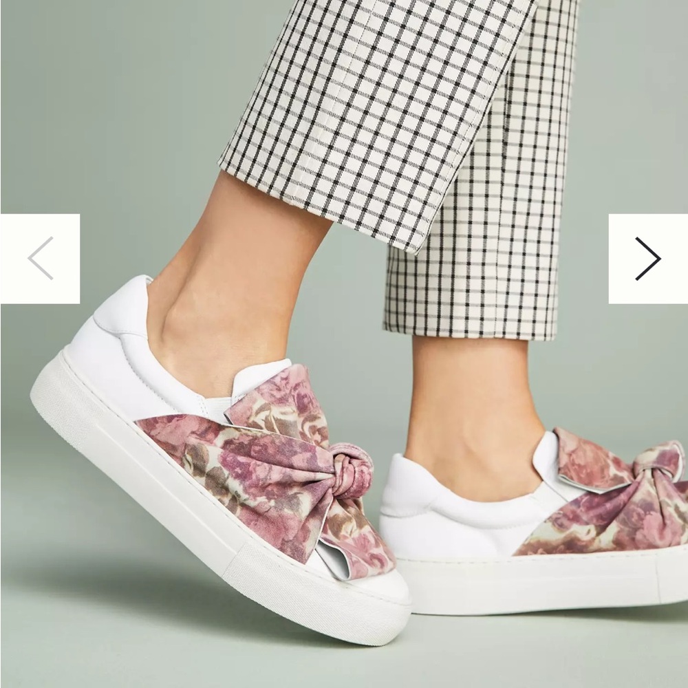Anthropologie J Slides Audra Floral Sneakers White Leather Velvet Bow Size 8.5